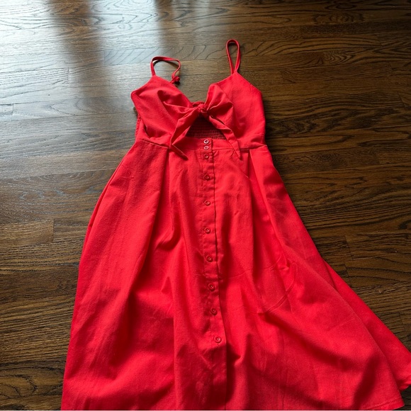 Red Tie Front Button Down Spaghetti Strap Midi Summer Dress - Picture 3 of 16